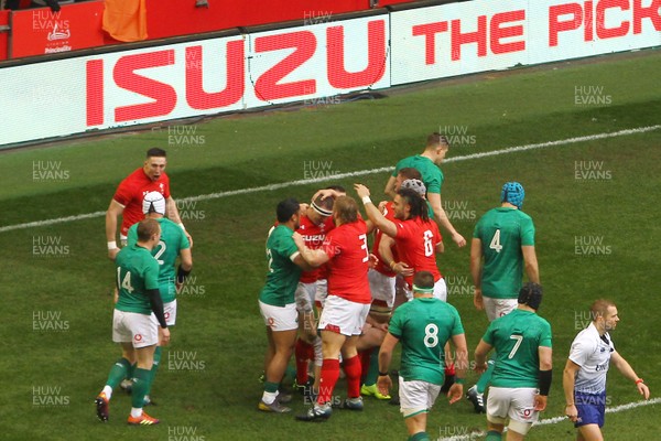 160319 - Wales v Ireland - Guinness Six Nations -  Hadleigh Parkes of Wales celebrates his try 