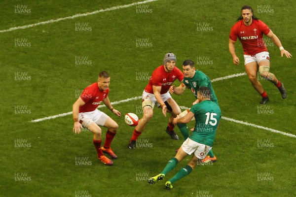 160319 - Wales v Ireland - Guinness Six Nations -  Johnny Sexton of Ireland throws a wild pass into touch 