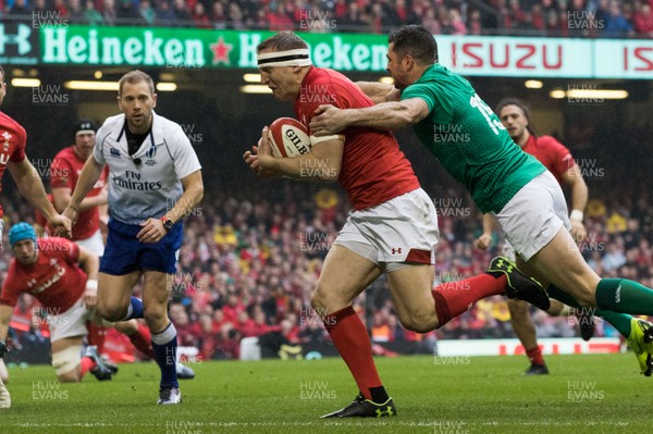 160319 - Wales v Ireland, Guinness Six Nations Championship 2019 - Hadleigh Parkes of Wales powers over to score try