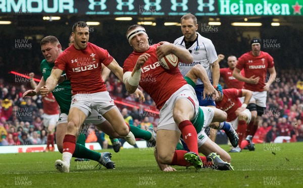 160319 - Wales v Ireland, Guinness Six Nations Championship 2019 - Hadleigh Parkes of Wales powers over to score try