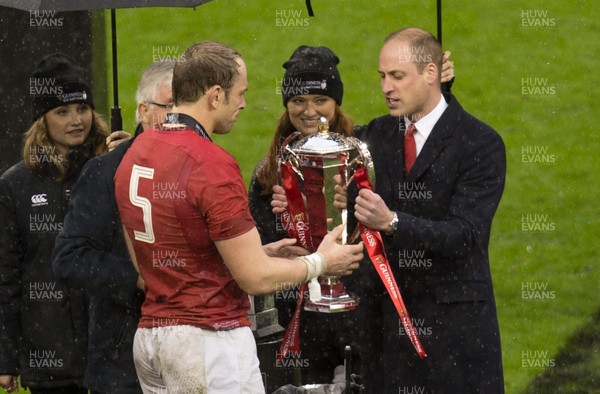 160319 - Wales v Ireland, Guinness Six Nations Championship 2019 - Alun Wyn Jones of Wales receives the Six Nations Trophy from HRH The Duke of Cambridge