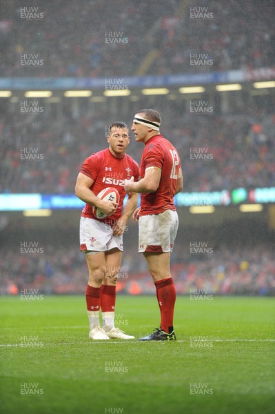 160319 - Wales v Ireland - Guinness Six Nations - Hadleigh Parkes of Wales and Gareth Davies of Wales 