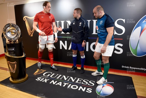 160319 - Wales v Ireland - Guinness Six Nations -  Alun Wyn Jones of Wales, Referee Angus Gardner and Rory Best of Ireland at the coin toss