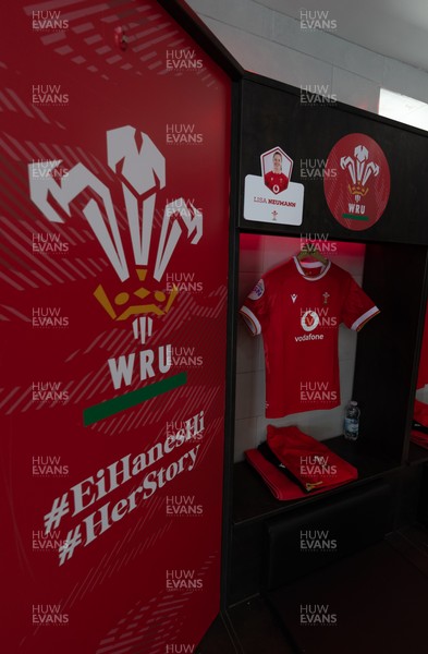 200425 - Wales v Ireland, Guinness Women’s Six Nations 2025 - Match jerseys hang in the Wales changing room ahead of the match