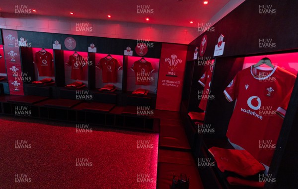 200425 - Wales v Ireland, Guinness Women’s Six Nations 2025 - Match jerseys hang in the Wales changing room ahead of the match