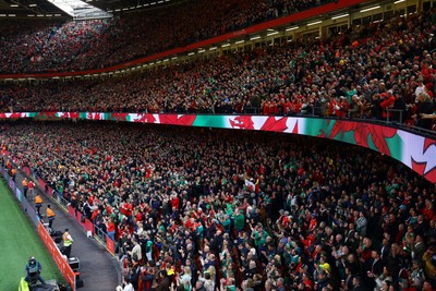 220225 - Wales v Ireland - Guinness Six Nations - A general view of Principality Stadium as fans of Wales sing their national anthem prior to the game