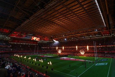 220225 - Wales v Ireland - Guinness Six Nations - A general view of the pyrotechnics display in Principality Stadium prior to the game