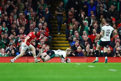 220225 - Wales v Ireland - Guinness Six Nations - Jamie Osborne of Ireland scores his team's second try 