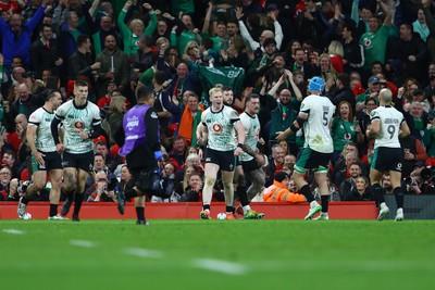 220225 - Wales v Ireland - Guinness Six Nations - Jamie Osborne of Ireland celebrates after scoring his team's second try