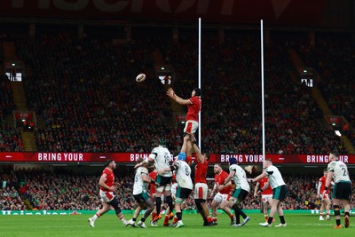 220225 - Wales v Ireland - Guinness Six Nations - Dafydd Jenkins of Wales catches the ball in the lineout 