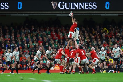 220225 - Wales v Ireland - Guinness Six Nations - Taulupe Faletau of Wales wins the ball in the lineout against Tadhg Beirne of Ireland