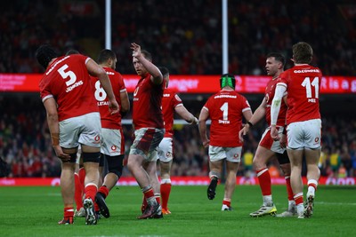 220225 - Wales v Ireland - Guinness Six Nations - Tommy Reffell of Wales celebrates with Dafydd Jenkins after Tom Rogers (not pictured) scored the team's second try