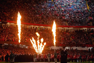 220225 - Wales v Ireland - Guinness Six Nations -  General views of Principality Stadium pyrotechnics