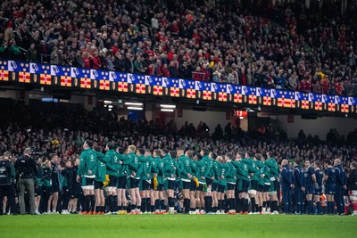 220225 - Wales v Ireland - Guinness Six Nations -  Ireland line up ahead of the anthems 