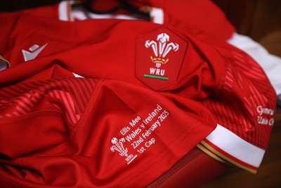 220225 - Wales v Ireland - Guinness 6 Nations Championship - Ellis Mee jersey in the dressing room before the game