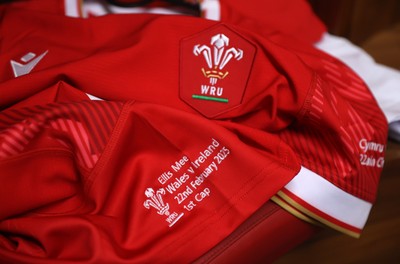 220225 - Wales v Ireland - Guinness 6 Nations Championship - Ellis Mee jersey in the dressing room before the game