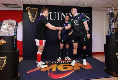 220225 - Wales v Ireland - Guinness 6 Nations Championship - Captains Jac Morgan of Wales and Dan Sheehan of Ireland at the coin toss