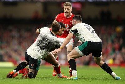 220225 - Wales v Ireland - Guinness 6 Nations Championship - Garry Ringrose of Ireland is given a yellow card for this tackle on Ben Thomas of Wales 