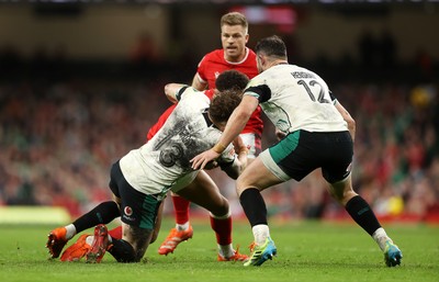 220225 - Wales v Ireland - Guinness 6 Nations Championship - Garry Ringrose of Ireland is given a yellow card for this tackle on Ben Thomas of Wales 