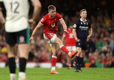 220225 - Wales v Ireland - Guinness 6 Nations Championship - Gareth Anscombe of Wales kicks a penalty