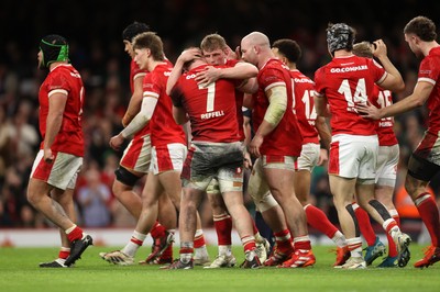 220225 - Wales v Ireland - Guinness 6 Nations Championship - Jac Morgan of Wales celebrates scoring a try with team mates