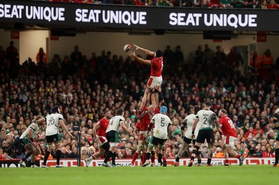 220225 - Wales v Ireland - Guinness 6 Nations Championship - Dafydd Jenkins of Wales wins the line out