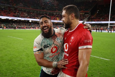 220225 - Wales v Ireland - Guinness 6 Nations Championship - Bundee Aki of Ireland and Taulupe Faletau of Wales at full time