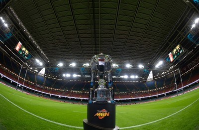 220225  Wales v Ireland, 2025 Guinness Six Nations - A general view of the Guinness Six Nations Trophy at the Principality Stadium ahead of the match