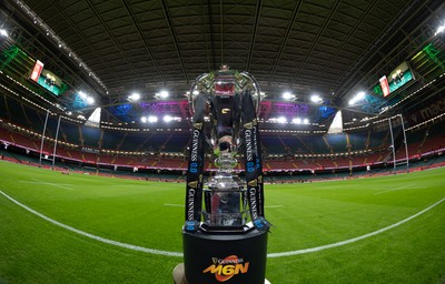 220225  Wales v Ireland, 2025 Guinness Six Nations - A general view of the Guinness Six Nations Trophy at the Principality Stadium ahead of the match