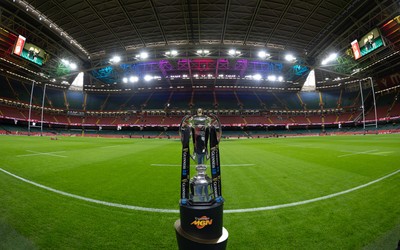 220225  Wales v Ireland, 2025 Guinness Six Nations - A general view of the Guinness Six Nations Trophy at the Principality Stadium ahead of the match