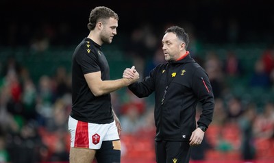 220225  Wales v Ireland, 2025 Guinness Six Nations - Wales interim head coach Matt Sherratt with Max Llewellyn of Wales ahead of the match