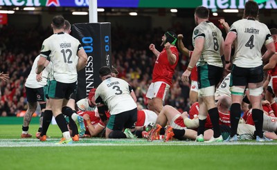 220225  Wales v Ireland, 2025 Guinness Six Nations - Wales celebrate as Jac Morgan of Wales powers over to score try