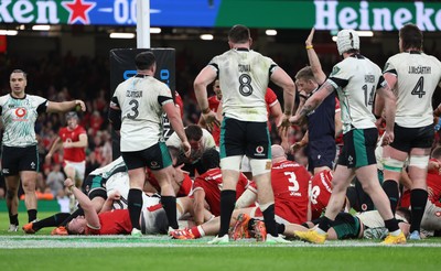 220225  Wales v Ireland, 2025 Guinness Six Nations - Wales celebrate as Jac Morgan of Wales powers over to score try