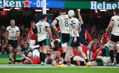 220225  Wales v Ireland, 2025 Guinness Six Nations - Wales celebrate as Jac Morgan of Wales powers over to score try