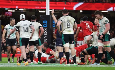 220225  Wales v Ireland, 2025 Guinness Six Nations - Wales celebrate as Jac Morgan of Wales powers over to score try