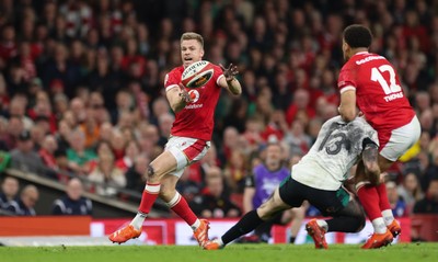 220225  Wales v Ireland, 2025 Guinness Six Nations - Gareth Anscombe of Wales takes the ball