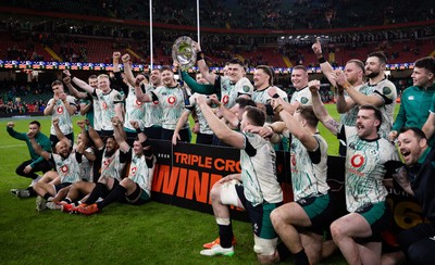 220225  Wales v Ireland, 2025 Guinness Six Nations - Ireland celebrate after being presented with the Triple Crown