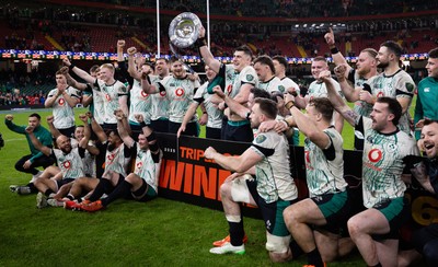 220225  Wales v Ireland, 2025 Guinness Six Nations - Ireland celebrate after being presented with the Triple Crown