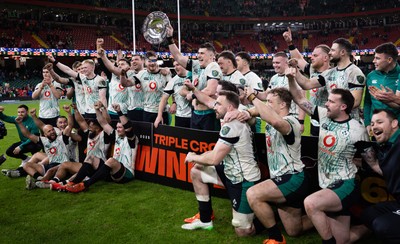 220225  Wales v Ireland, 2025 Guinness Six Nations - Ireland celebrate after being presented with the Triple Crown