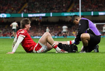 220225  Wales v Ireland, 2025 Guinness Six Nations - Ellis Mee of Wales gets treatment from Prav Mathema, Head of Medical