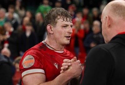 220225  Wales v Ireland, 2025 Guinness Six Nations - Jac Morgan of Wales with team manager Martyn Williams