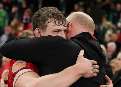 220225  Wales v Ireland, 2025 Guinness Six Nations - Jac Morgan of Wales with team manager Martyn Williams