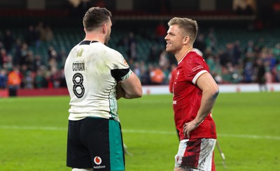 220225  Wales v Ireland, 2025 Guinness Six Nations - Gareth Anscombe of Wales chats with Jack Conan of Ireland at the end of the match