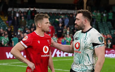 220225  Wales v Ireland, 2025 Guinness Six Nations - Gareth Anscombe of Wales chats with Jack Conan of Ireland at the end of the match