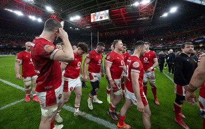 220225  Wales v Ireland, 2025 Guinness Six Nations - Wales team members at the end of the match