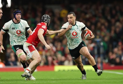 220225  Wales v Ireland, 2025 Guinness Six Nations - James Lowe of Ireland takes on Tom Rogers of Wales