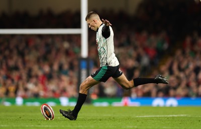 220225  Wales v Ireland, 2025 Guinness Six Nations - Sam Prendergast of Ireland kicks conversion