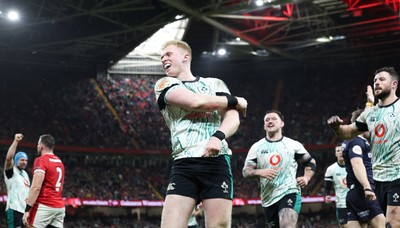 220225  Wales v Ireland, 2025 Guinness Six Nations - Jamie Osborne of Ireland dives in to score try