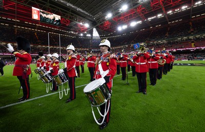 220225  Wales v Ireland, 2025 Guinness Six Nations - The Regimental Bands Corps and Drums of the Royal Welsh entertain the crowd ahead of the match