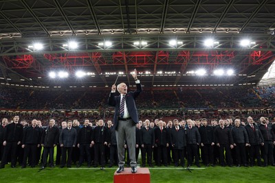 220225  Wales v Ireland, 2025 Guinness Six Nations - Musical Director Dr Hayden James conducts the crowd and choir